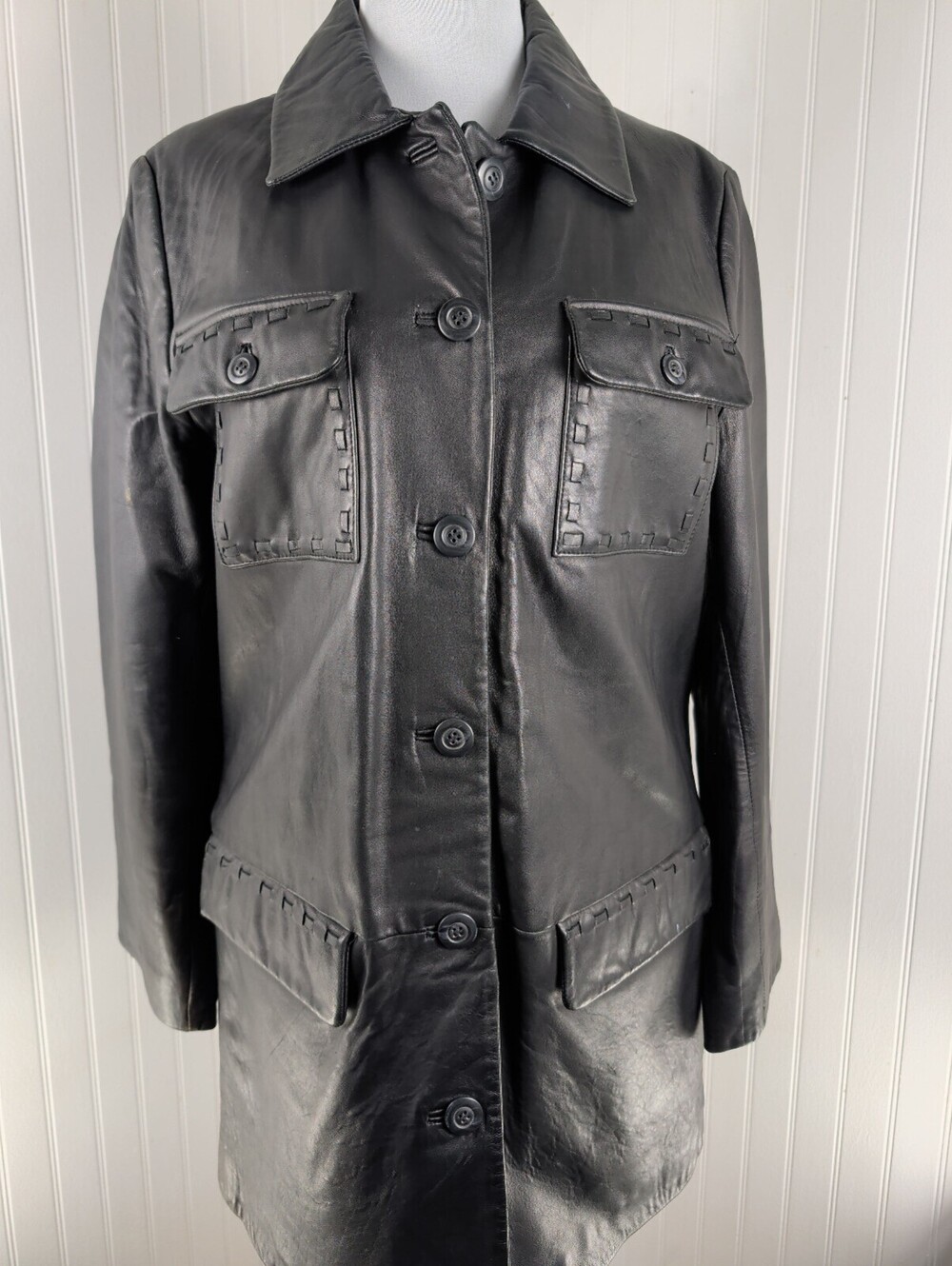 Vintage 90s Harvé Benard Black Leather Whipstitch Pocket Trench Coat Size Large